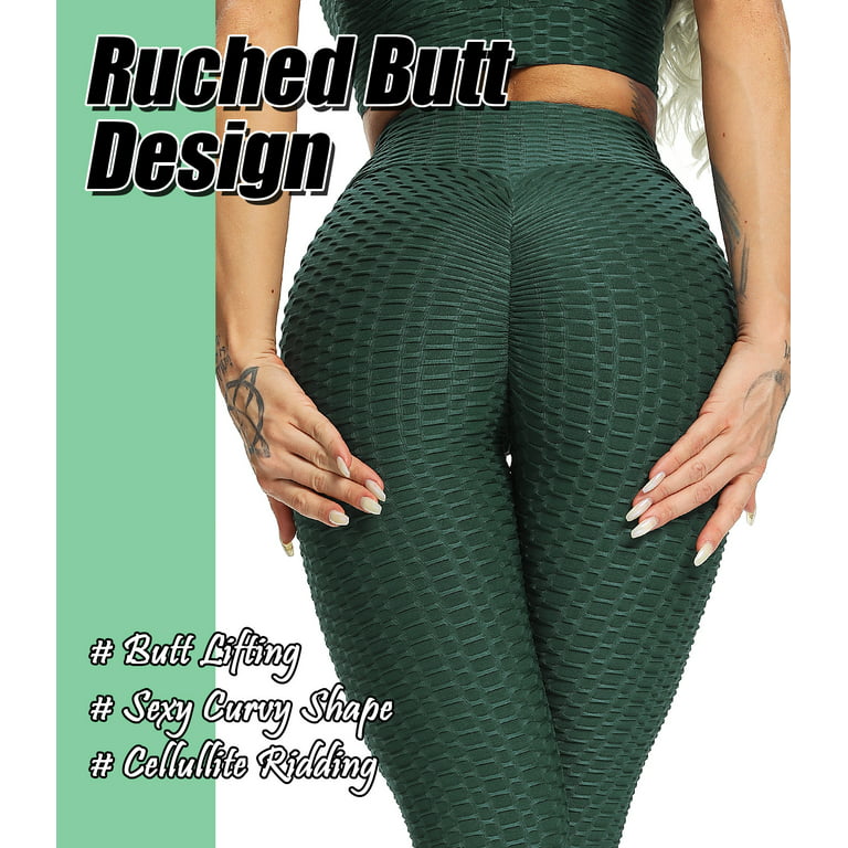 SEASUM Women's High Waist Yoga Leggings Tummy Control Butt Lift Tights  Textured Workout Running Pants Peacock Green XL 