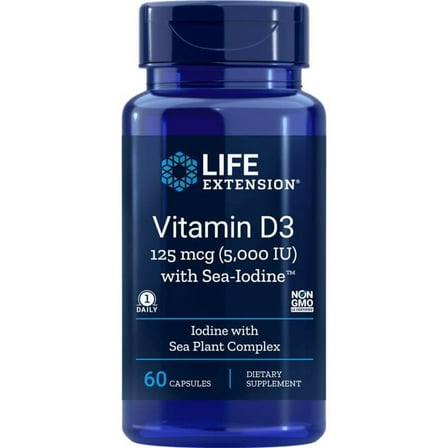 Life Extension Vitamin D3 with Sea-Iodine™, 125 mcg (5000 IU) – Immune Support, Bone Health, Thyroid Health – 1 Daily, Gluten-Free, Non-GMO – 60 Capsules