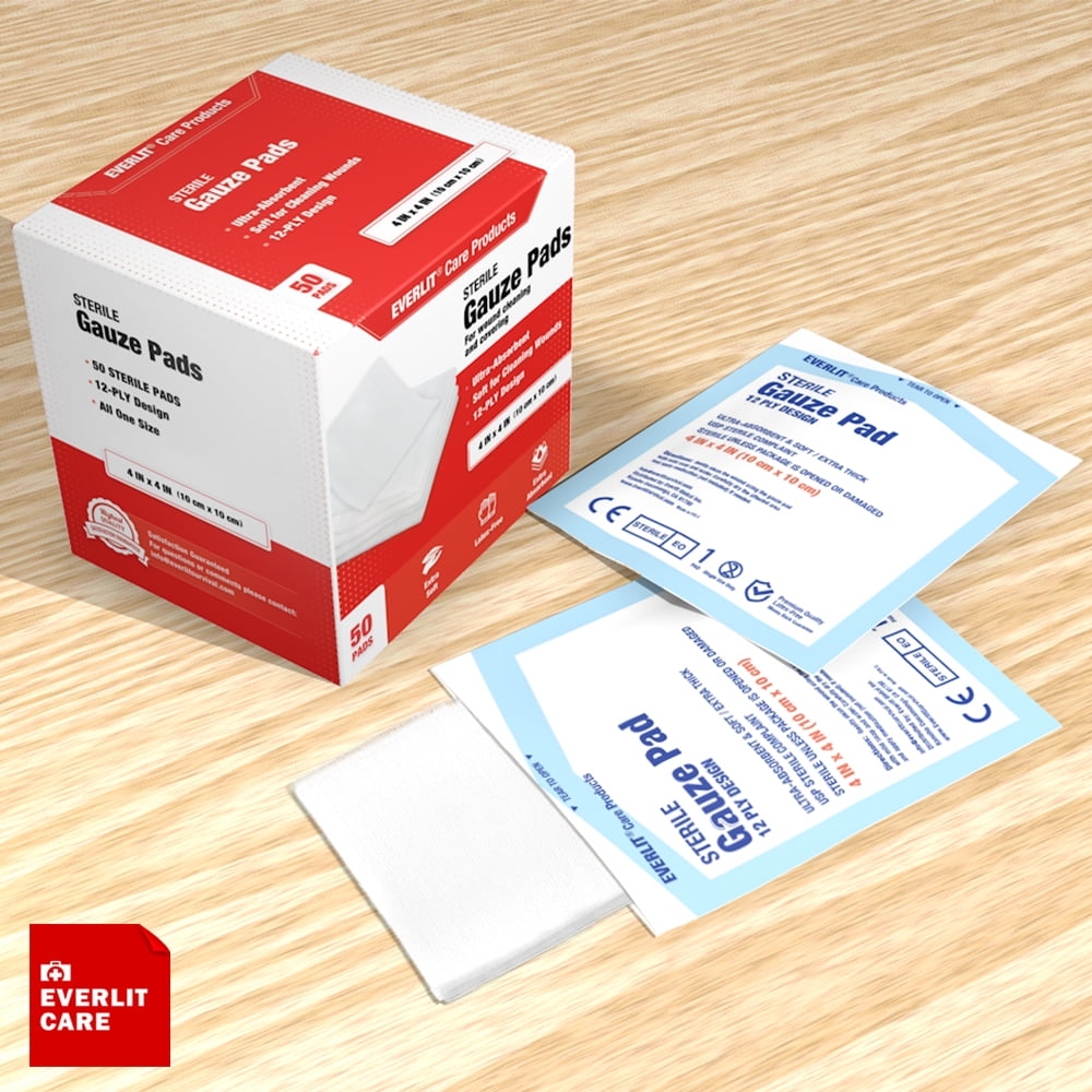 EVERLIT [Extra-Thick] 4''x4'' Sterile Gauze Pad 12-Ply, 150 Pack, Individual Wrapped, Ultra Absorbent Large Non-Woven Medical Gauze Sponges for Wound Care Home First Aid Kit
