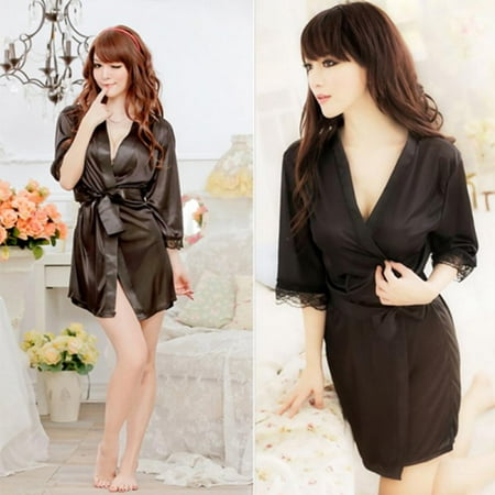 

Clearance Cute Sleepwear Women s bathrobe Lady Cute Lace Sleepwear Satin Nightwear Soft Lingerie Pajamas Suit