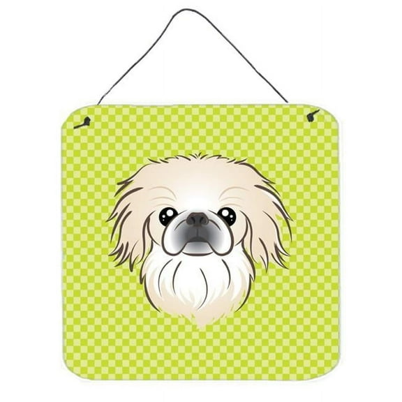 Checkerboard Lime Green Pekingese Aluminum Metal Wall Or Door Hanging Prints, 6 x 6 In.