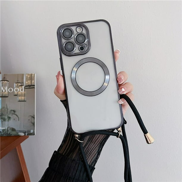 Fundas magnéticas transparentes para iPhone, funda de carga inalámbrica Magsafe, 15, 14, 11, 12, 13 Pro Max, collar con cordón cruzado