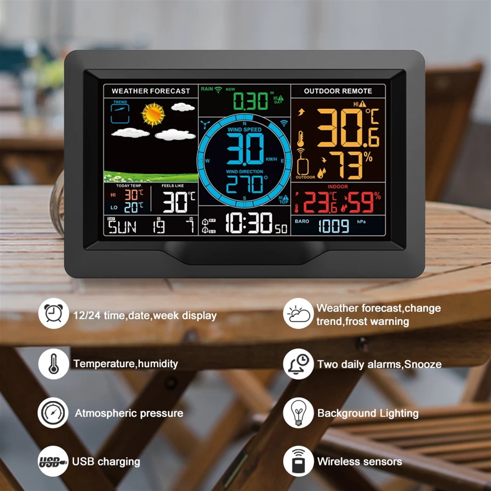 FJ3390A Weather Station Temperature Humidity Wind Speed Rainfall Detection Weather Forecast Hygrothermograph Alarm Clock