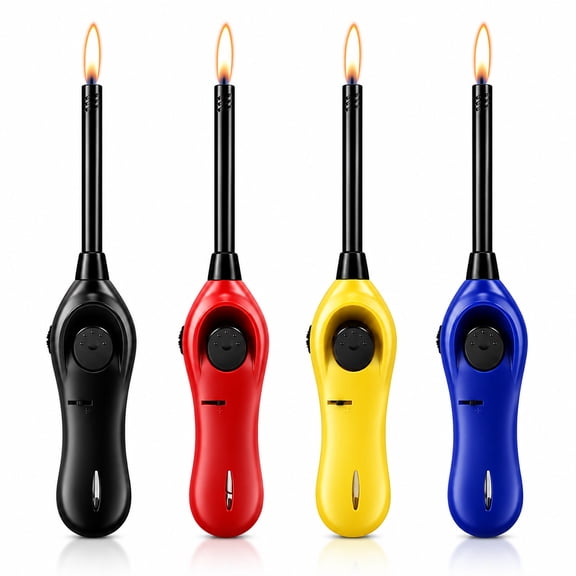 4-Pack Long Candle Lighter Wands, Refillable Extended Reach Lighters with Safety Lock for BBQ Grill, Fireplace & Camping (Butane Included)