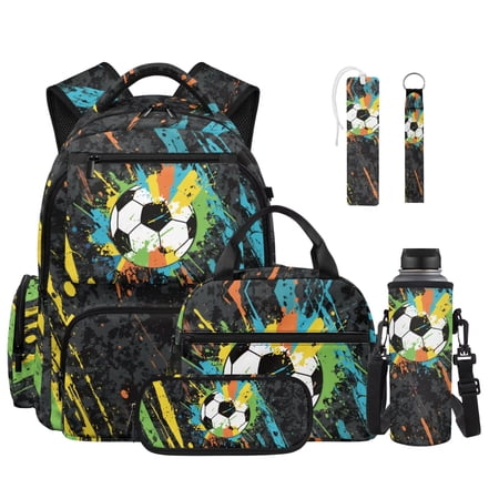 FOR U DESIGNS Football Splash Ink Print Backpack for Boys 6 Pack Backpack Set Lightweight Backpack with Lunch Box Pencil Case Water Bottle Sleeve Bookmark Keychain School Bookbag for Kids Elementary
