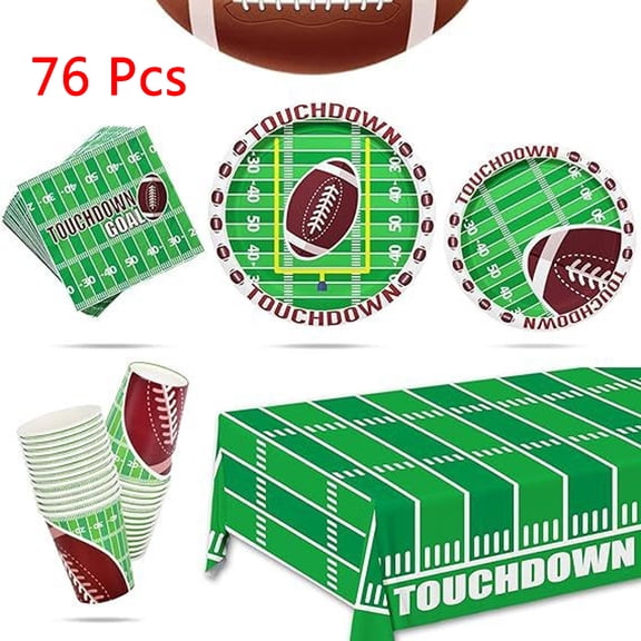 KOYPTL 76 Pcs Football Party Decorations Football Party Supplies Dinner Plates Napkins Cups Banner Touchdown Tablecloth for Football Birthday Game Day Tailgate Decorations Serve 25