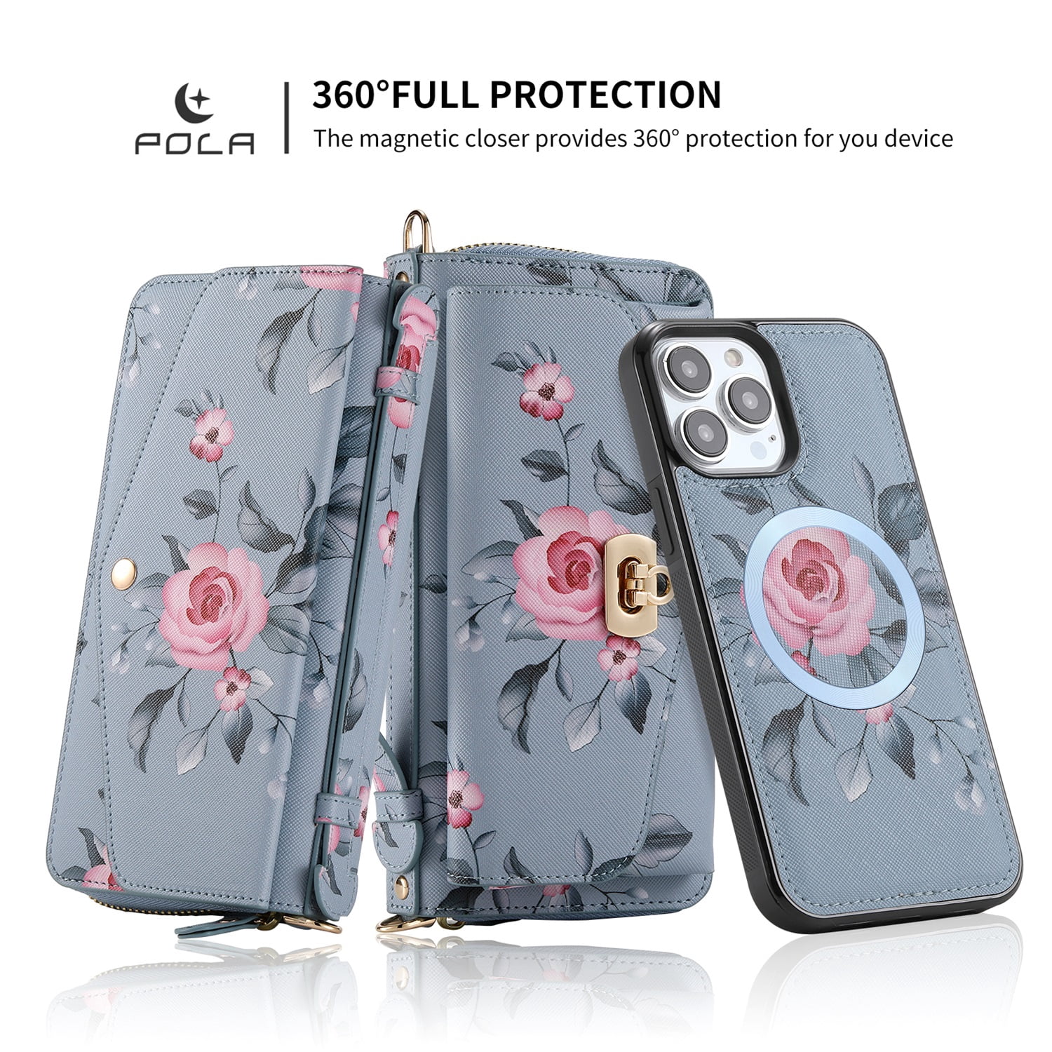 SaniMore Magnetic Detachable Wallet Case for iPhone 13 Pro Max, Flower Pattern RFID Blocking Cover Support Wireless Charging Card Slot Shoulder & Wrist Strap 360° Full Protective Shell, Grey