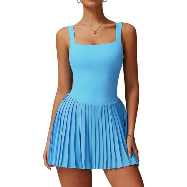 PISONIC Robe de Tennis Golf pour Femmes avec Soutien-Gorge Intégré Shorts Dos Nu Col Carré Ourlet Plissé Robes Athlétiques avec Poches