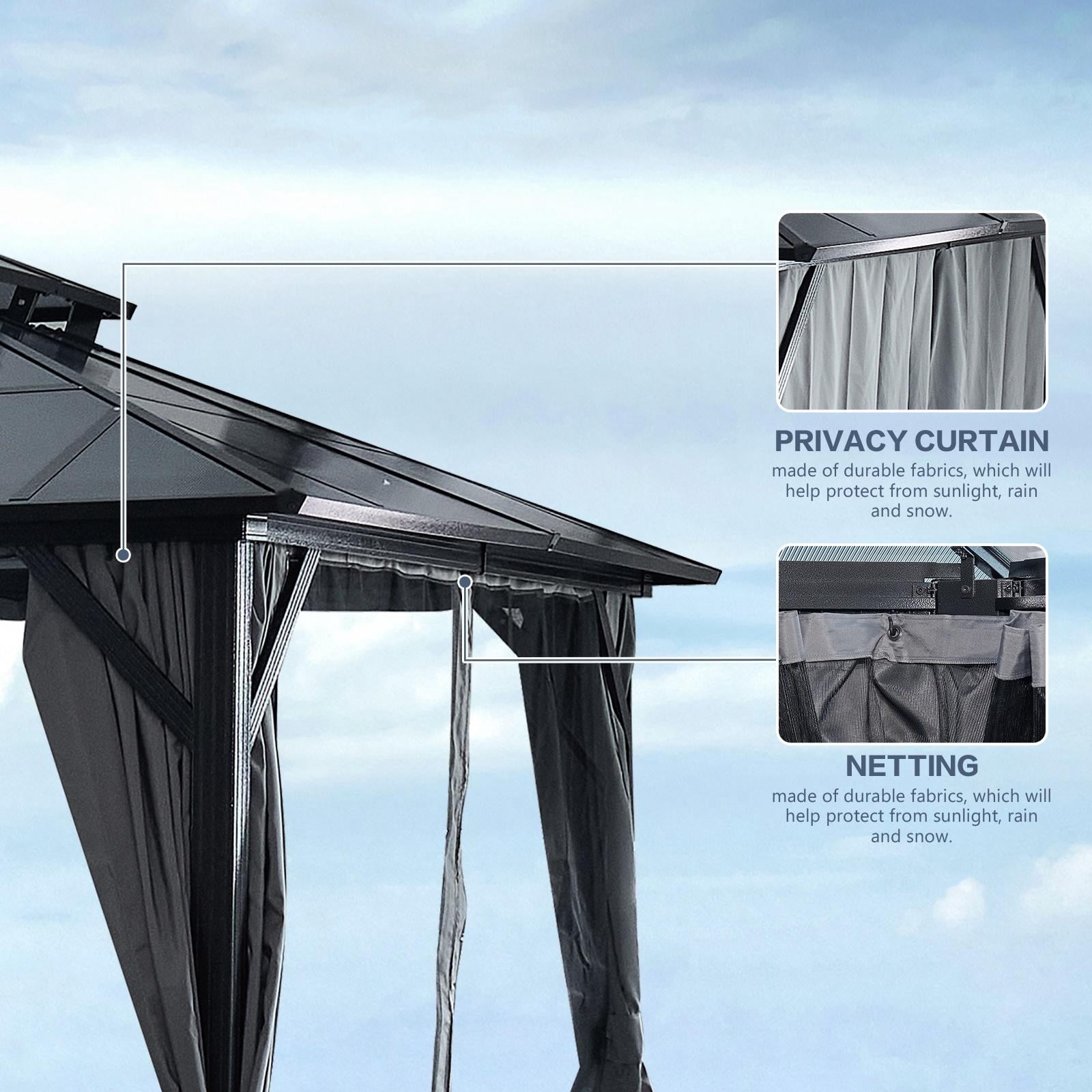 10'x13' Hardtop Gazebo, Outdoor Patio Gazebo with Polycarbonate Double Roof, Permanent Gazebo Pavilion with Curtain and Netting for Patio, Deck, Backyard, Black
