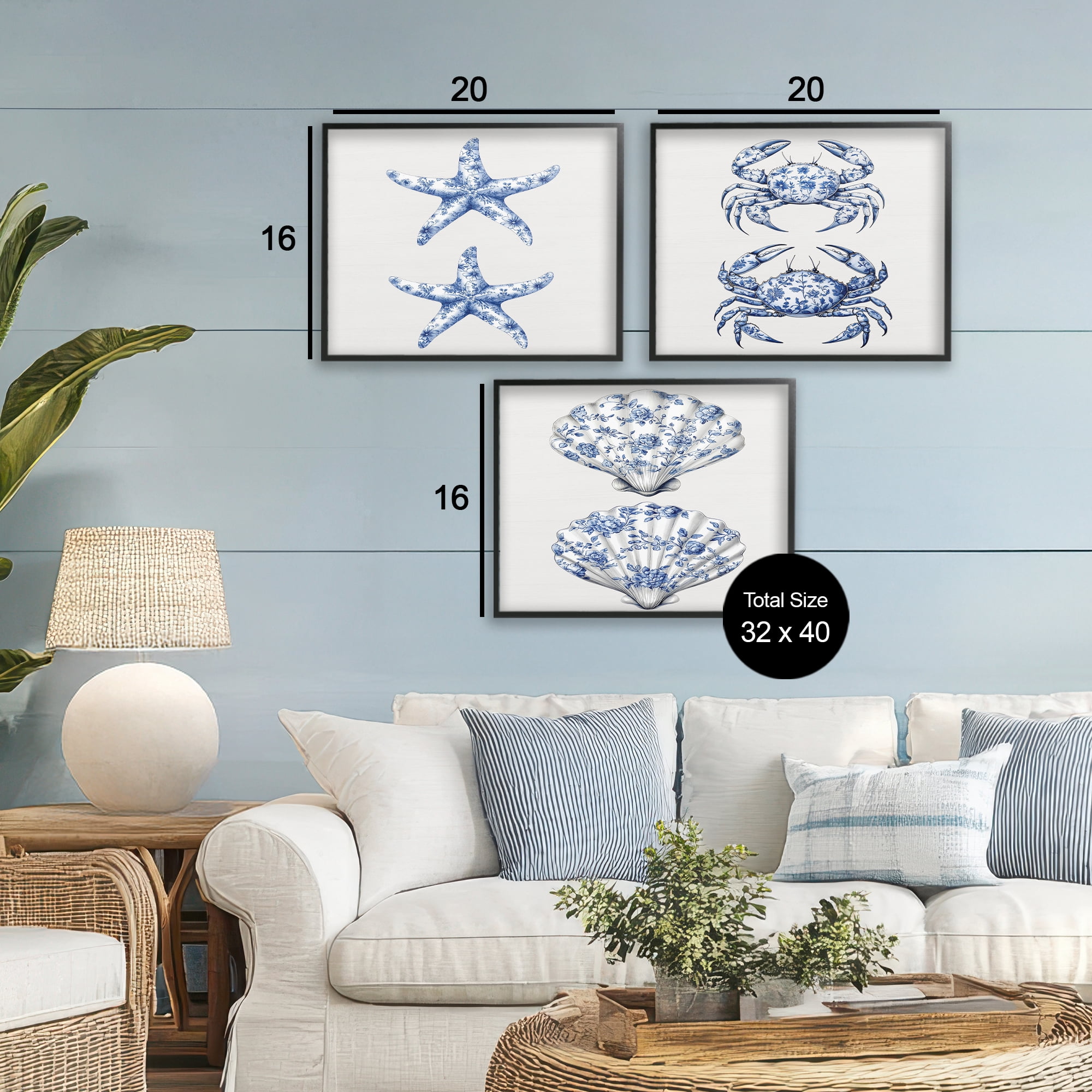 Vintage Toile Starfish & Crabs 3 Piece Black Framed Giclee Art Set, design by Lettered and Lined