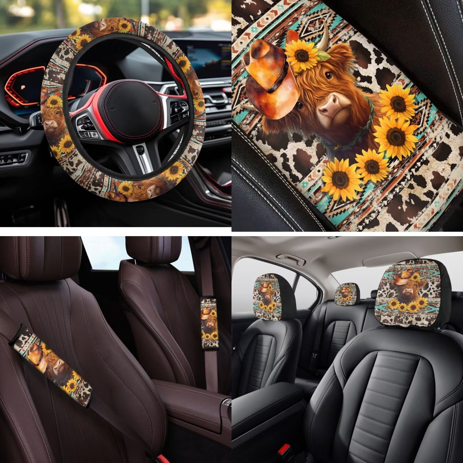 Garronmavis Aztec Highland Cow Car Seat Covers Set 14 Pack Head Rest Protector Car Steering Wheel Cover Auto Armrest Cover Seat Belt Covers Keychain and Coaster Universal Size Fit for Cars SUV