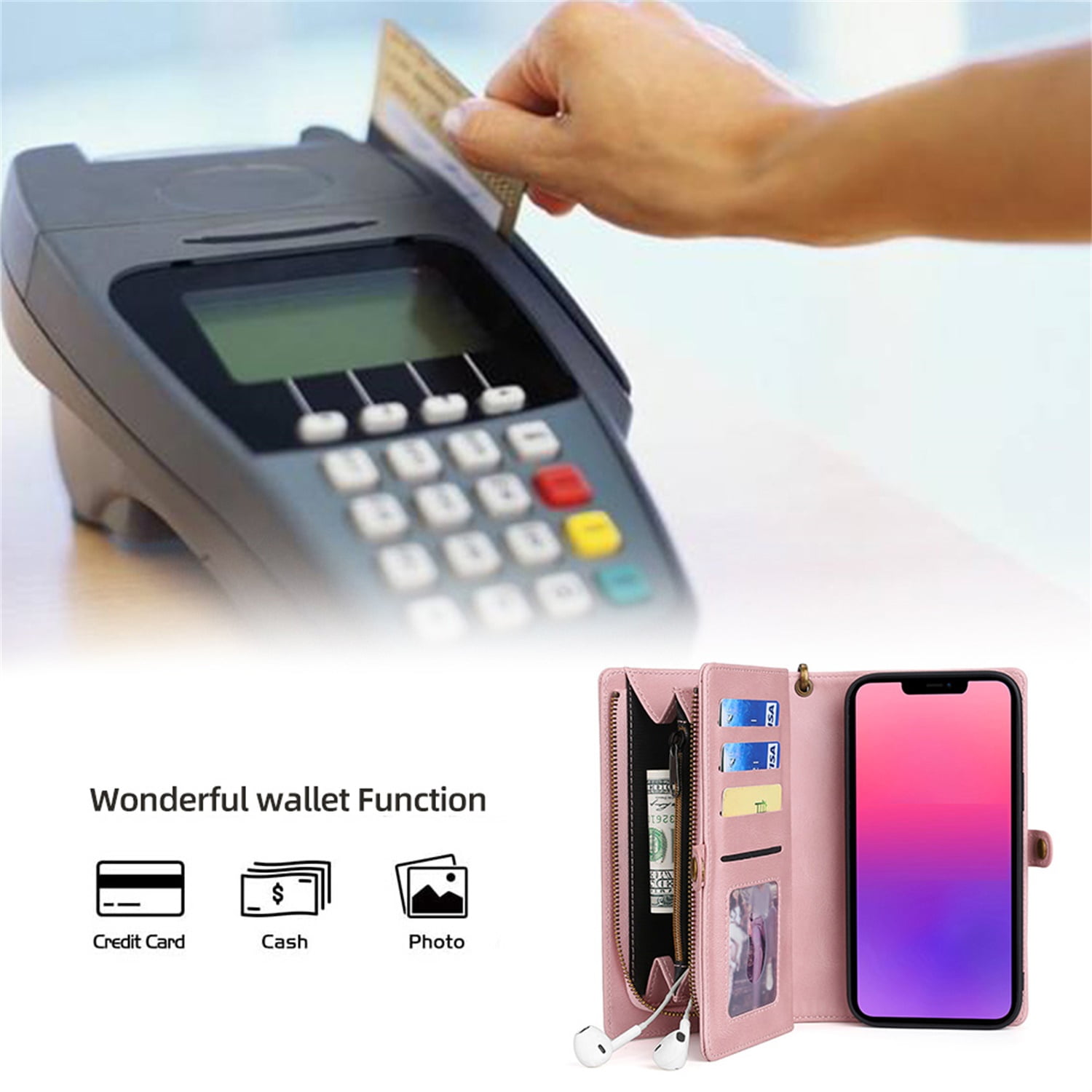 Defencase for iPhone 13 Mini Case for Women Men, Removable Durable PU Leather Magnetic Flip Strap Wristlet Zipper Purse Card Holder Detachable Wallet Phone Cases for iPhone 13 Mini, Pink