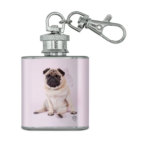 Pug Puppy Dog with Angel Wings Pink Stainless Steel 1oz Mini Flask Key Chain