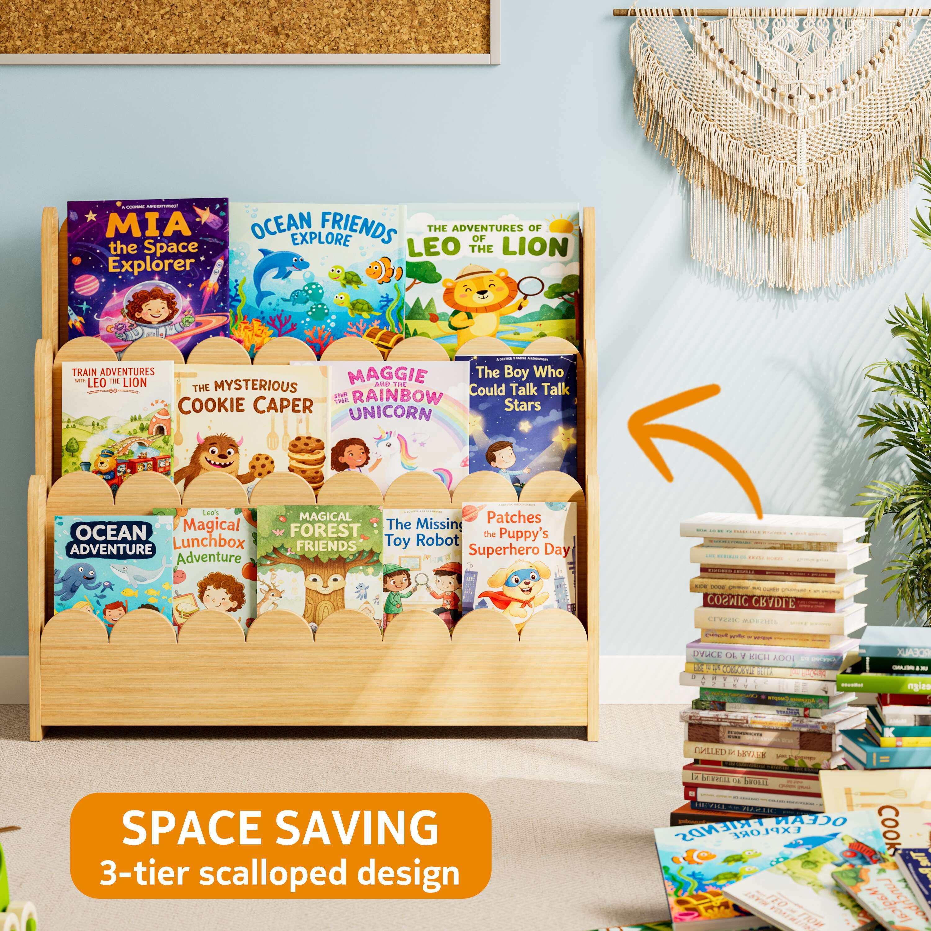 SpaceAid 3 Tier Wood Scalloped Bookshelf, Montessori Bookcase for Toddlers, Natural