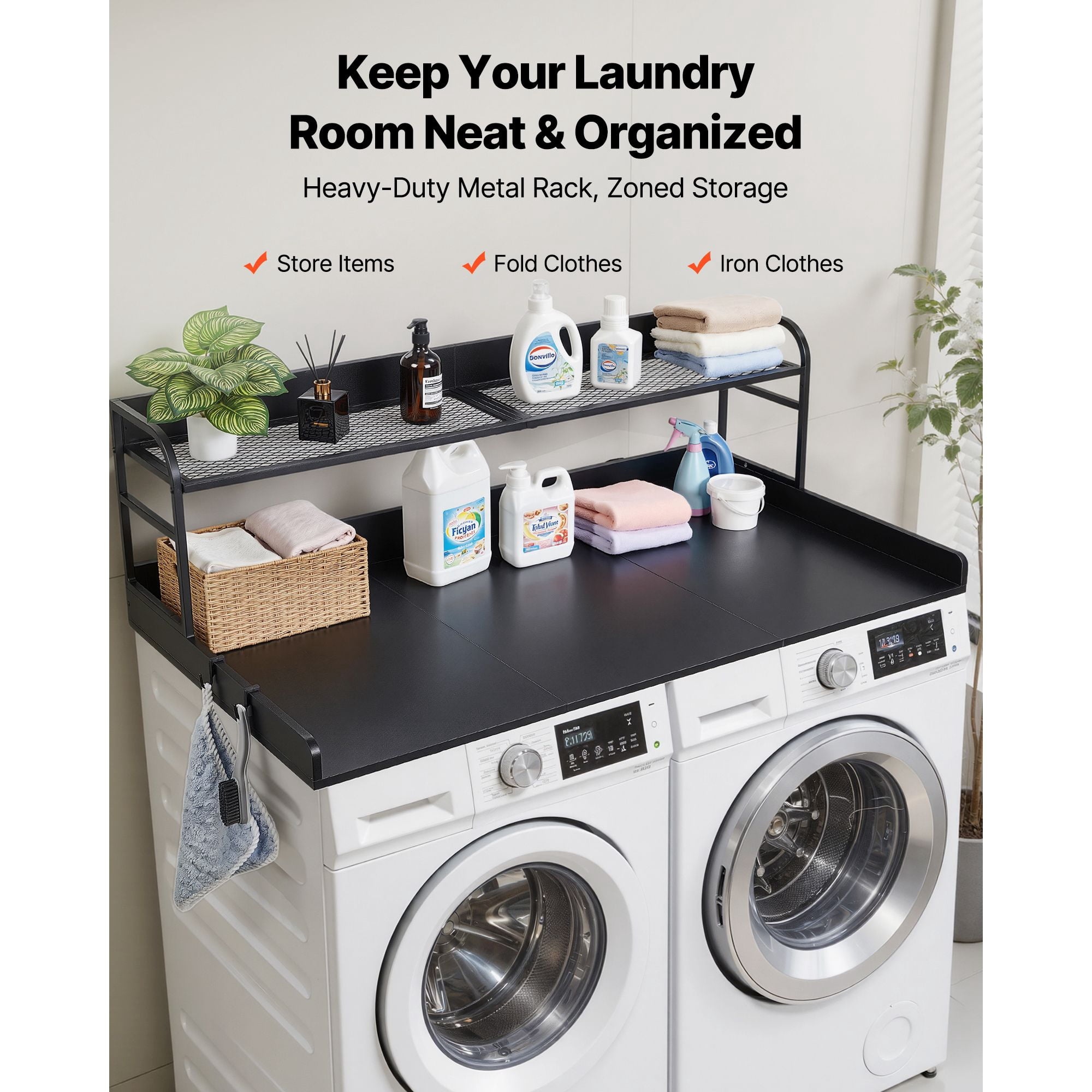 54"x27.5" Wooden Washer Dryer Countertop with Shelf, Edge & 2 Hooks, Laundry Topper for Closet Pantry Storage, Black