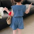 thumbnail image 3 of Kids Girl Denim Outfits Set Ruffled Vest Tops+ Denim Shorts 2Pcs Toddler Baby Girls Summer Clothes 1 to 7 Years, 3 of 4