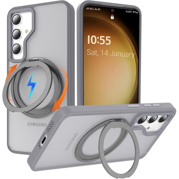 for Samsung Galaxy S24 Case with 360°Rotatable Magnetic Ring Stand, Compatible with Mag-Safe [Military Grade Drop Protection] Translucent Slim Phone Case for Samsung Galaxy S24,6.2",Grey