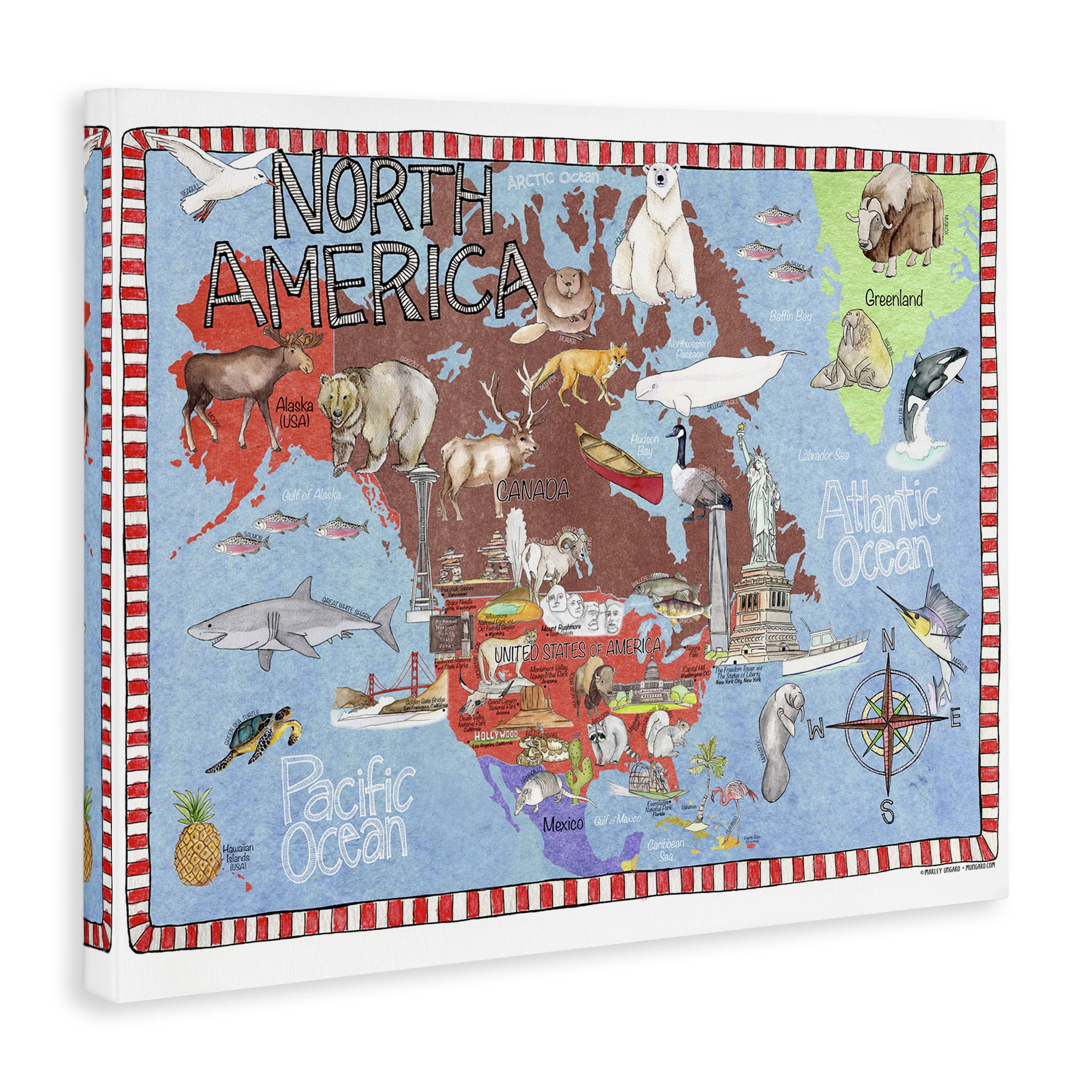Stupell Industries North America Map Town & City Painting Gallery Wrapped Canvas Art Print Wall Art, 20 x 16