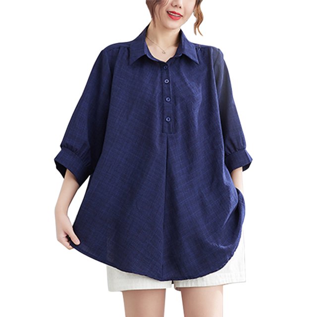 Blusa larga casual de algodón y lino Blusa oscura azul de mujer XL Aqua