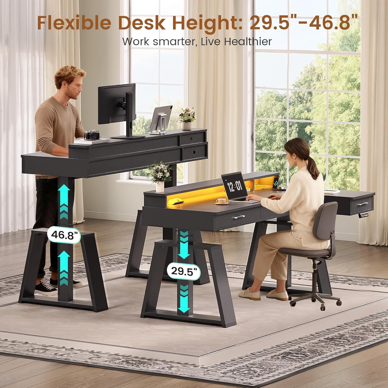 Modern Standing Desk with Drawers, Height Adjustable Computer Desk with Power Outlets, LED Lights & Monitor Stand, Stand Up Corner Gaming Desk, Home Office Desk with Storage, Black
