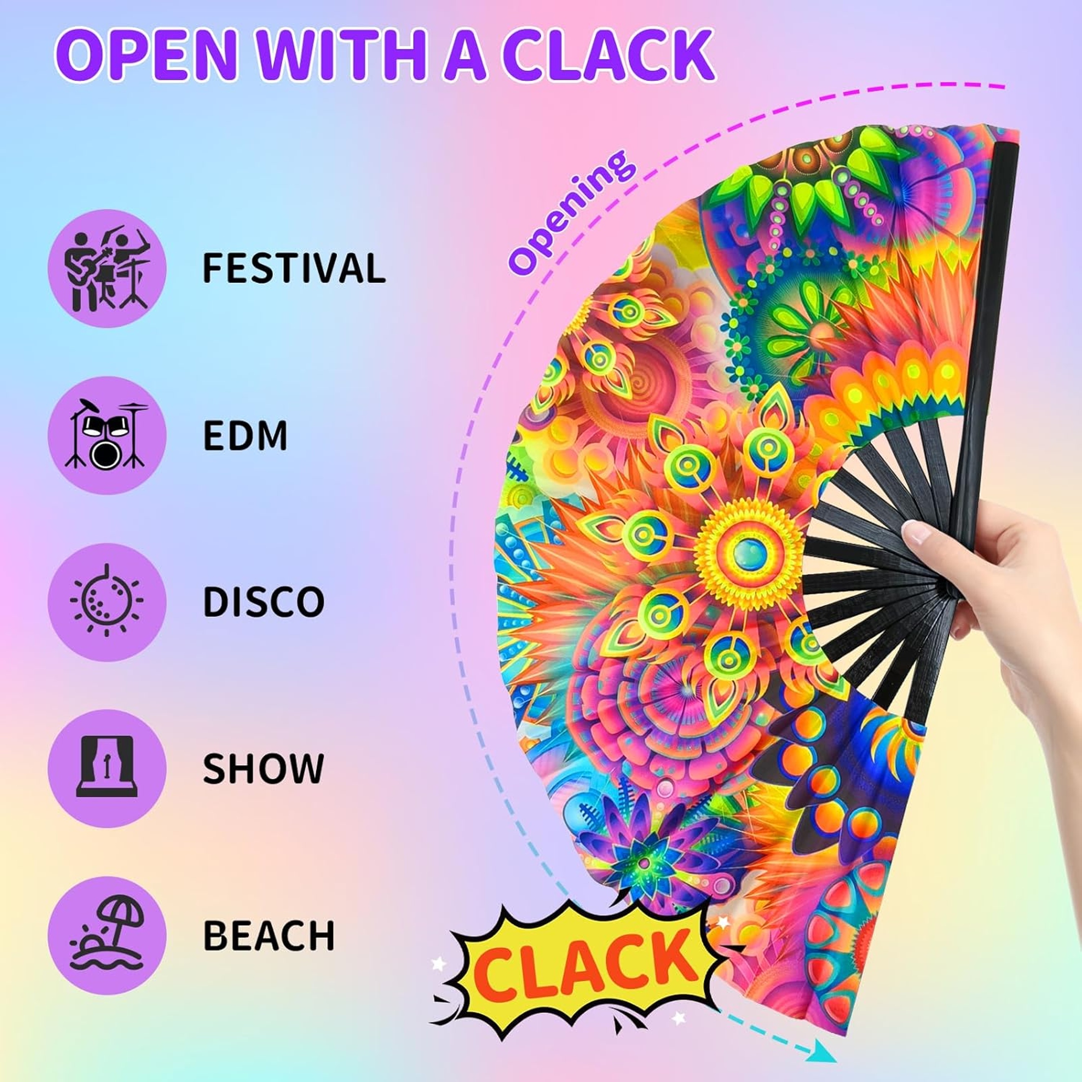 LQSEO Large Uv Glow Rave Fan,Folding Hand Fans for Line Dancing,Flowers ...