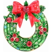Winter Christmas Wreath Brooch Pin For Women,Fashion Xmas Enamel Red Bow Green Glass Beads Wreath Broche,Jewelry Gifts For Christmas Holidays