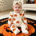 thumbnail image 2 of Pandaie Newborn Baby Girl Clothes Infant Ribbed Long Sleeve Romper Pumpkin Jumpsuit Bodysuit with Bow Headband Cute Fall Winter Outfits 0 3 6 12 18 Months, 2 of 8