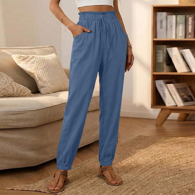 TaTaai Women's High Waist Linen Tapered Pants Loose Fit Full Length Casual Trousers with Elastic Drawstring Waistband Side Pockets and Cuffed Ankle Solid Color Gift