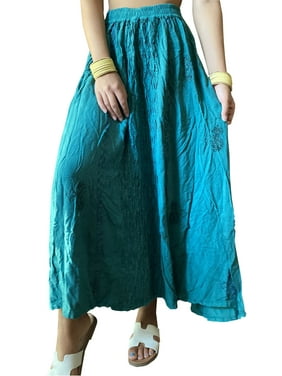 Mogul Women Long Boho Skirt, Teal Blue Stonewash Embroidered Flared Bohemian Maxi Skirts M