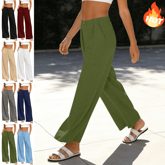Mifsaly High Waisted Wide Leg Linen Pants Women Casual Summer Vacation Beach Pant Lightweight Flowy Pleated Front Lounge Trousers with Pockets L