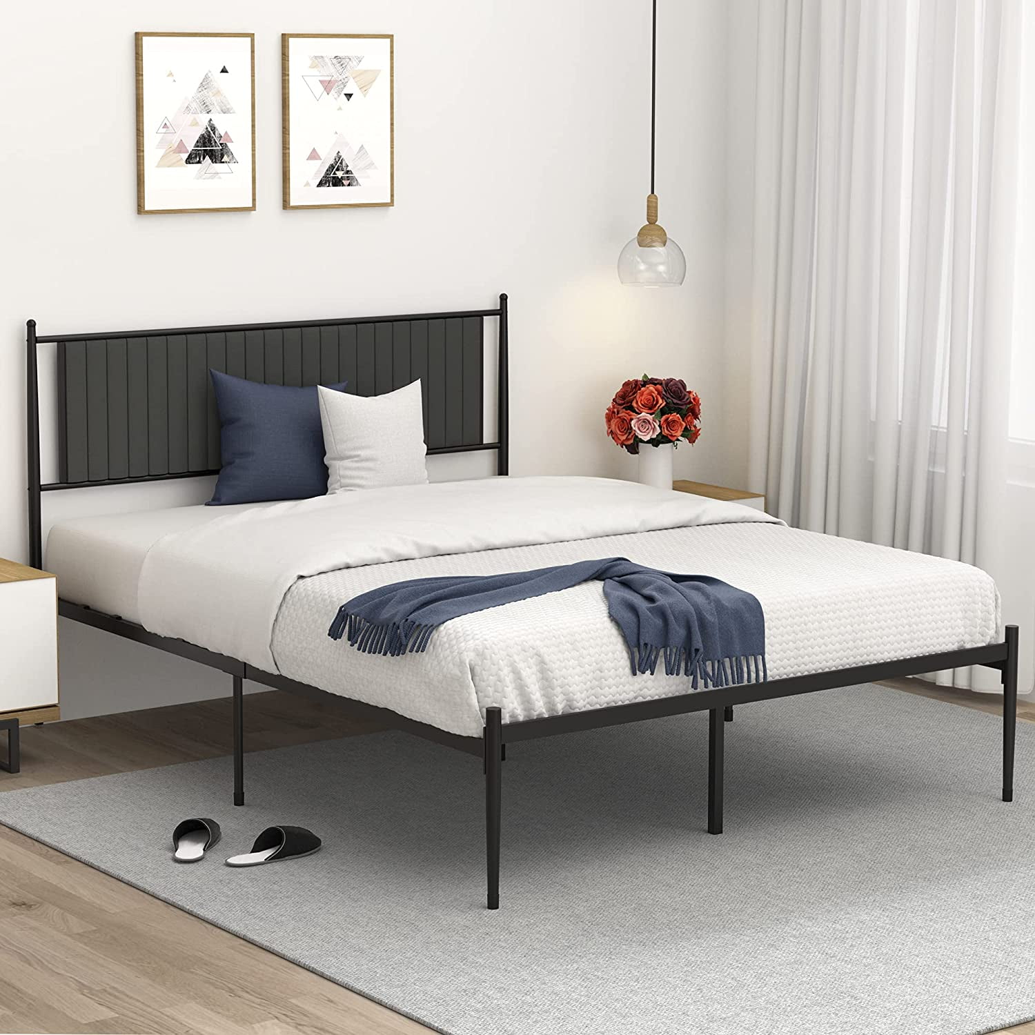 PinShang Metal Platform Bed Frame, with Metal Headboard, Upholstered