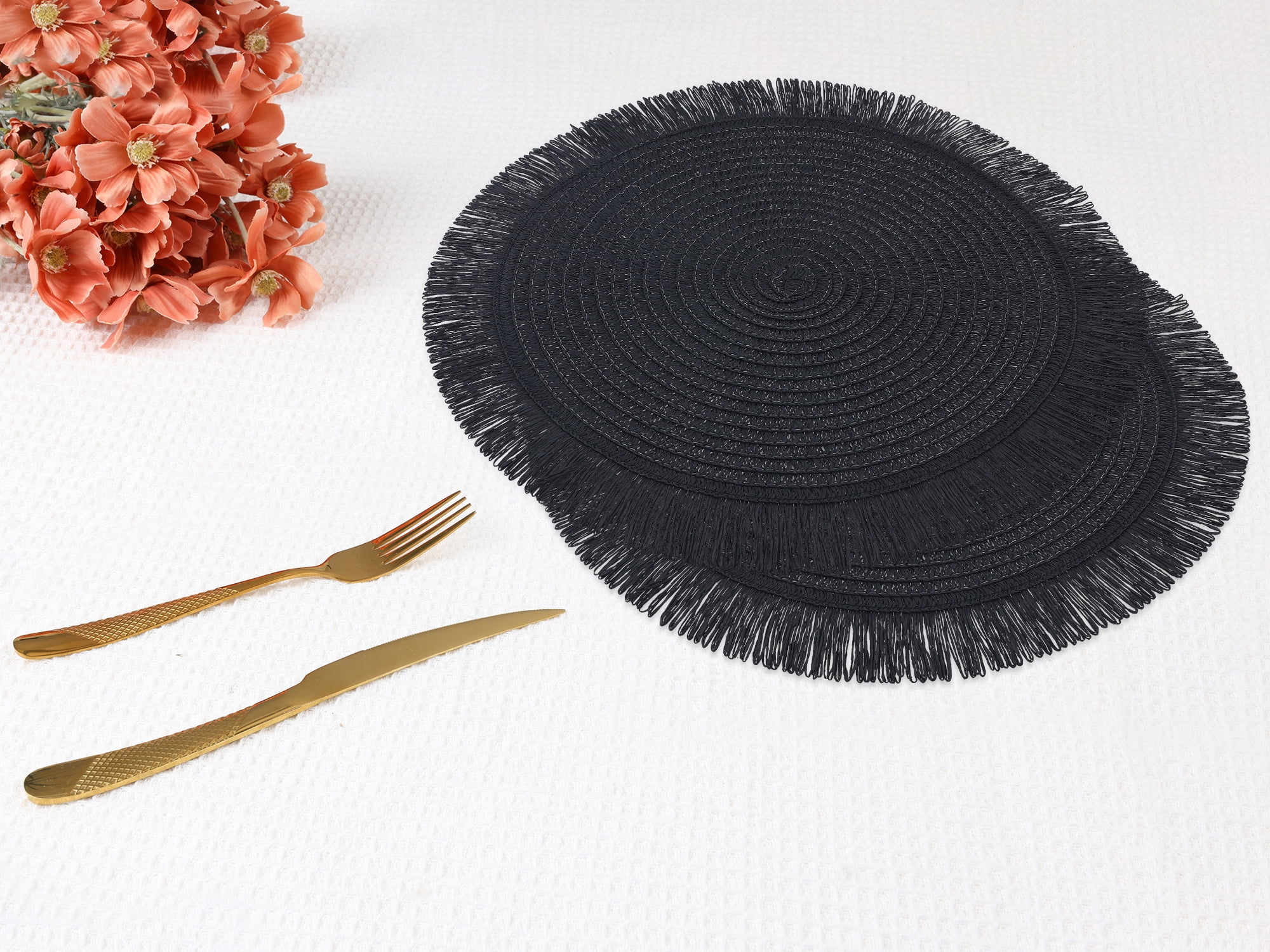 Unique Bargains Rustic Tassel Place Mats Set of 6 for Dining Table Decor Black 15"x15"