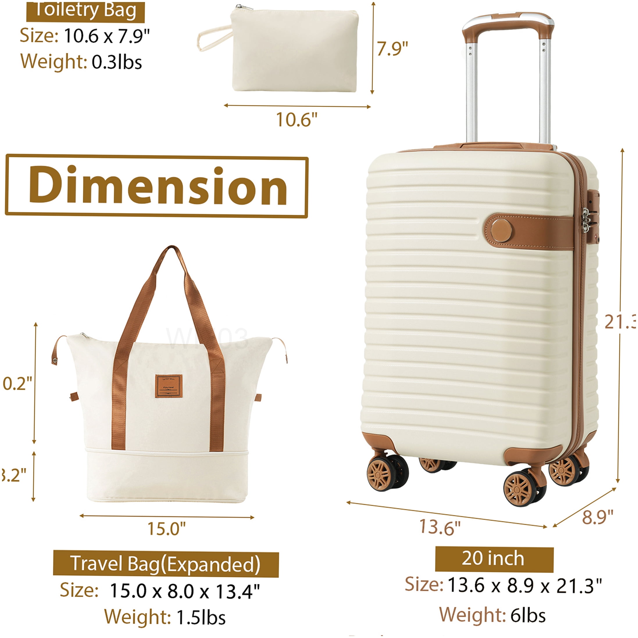 Lightweight 3-Piece Hardshell Luggage Set with Wheels, Airline Approved Carry-On Suitcase in Cream