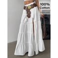 thumbnail image 2 of Womens White Boho High-Slit Tiered Maxi Skirt Cotton Elastic Waist Lace, 2 of 6