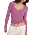 thumbnail image 1 of Camiseta de manga larga ajustada con cuello en V y canalé para mujer - Poliéster, tallas S-L, diseño ajustado, prenda básica para combinar en el día a día o para salir por la noche, 1 of 8