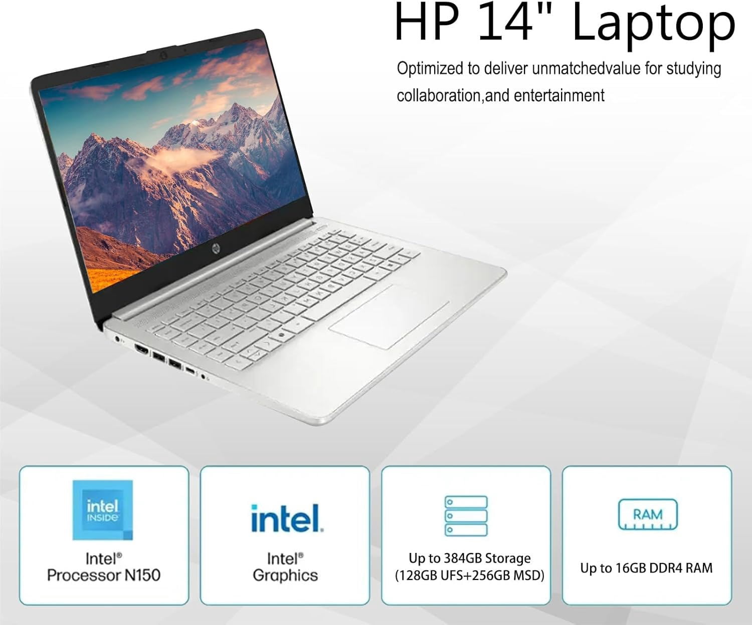 HP Laptop for Student and Business, 14" HD, Intel N150, 4GB RAM, 192GB Storage(128GB UFS +64GB MSD), 1-Year Office 365, Windows 11 Pro, Fast Charge, Silver