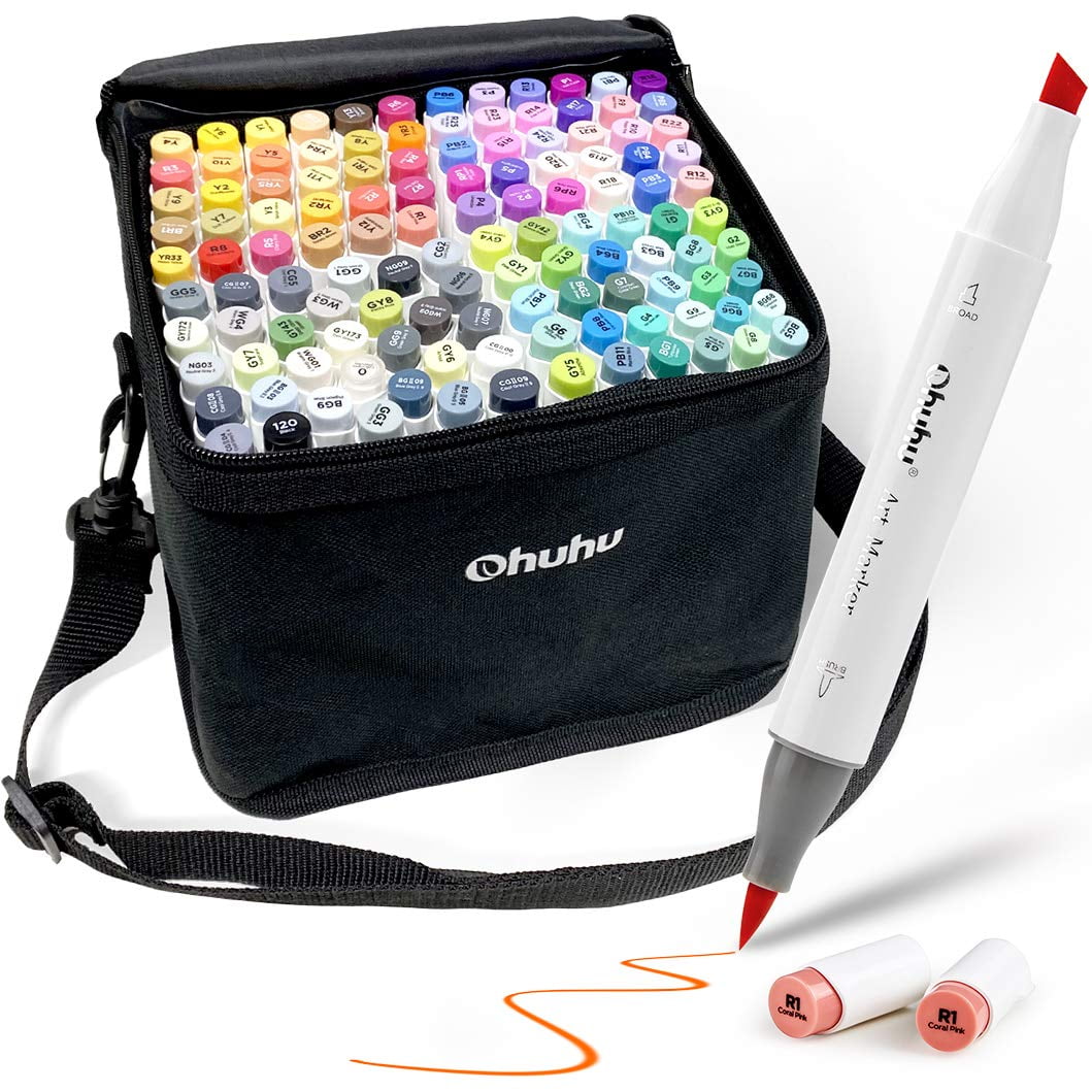 Ohuhu 100 Color Alcohol Markers Set Dual Tip Fine & Chisel Sketch Marker NEW 