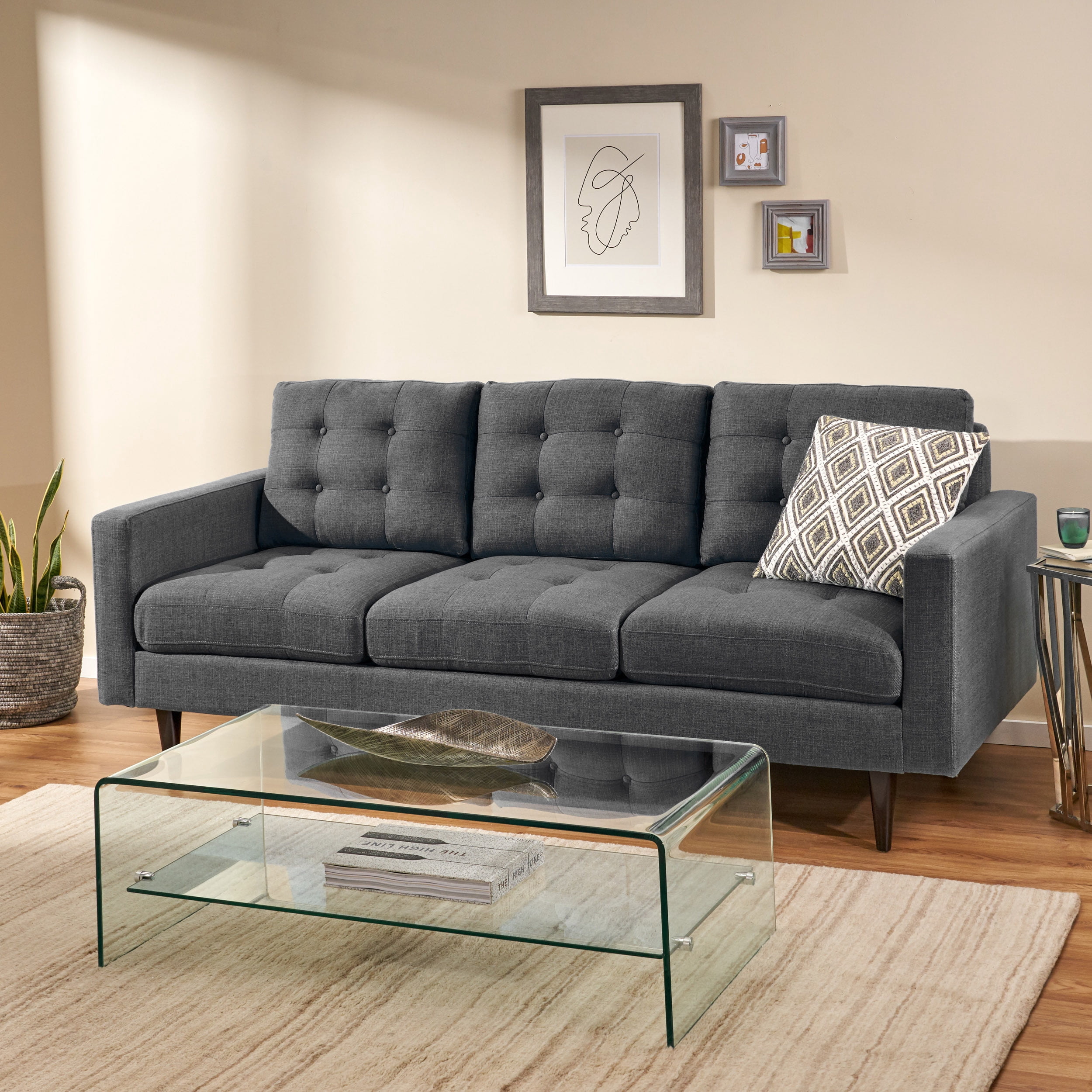 Noble House Cicely Fabric Tufted 3 Seater Sofa, Dark Gray, Dark Brown