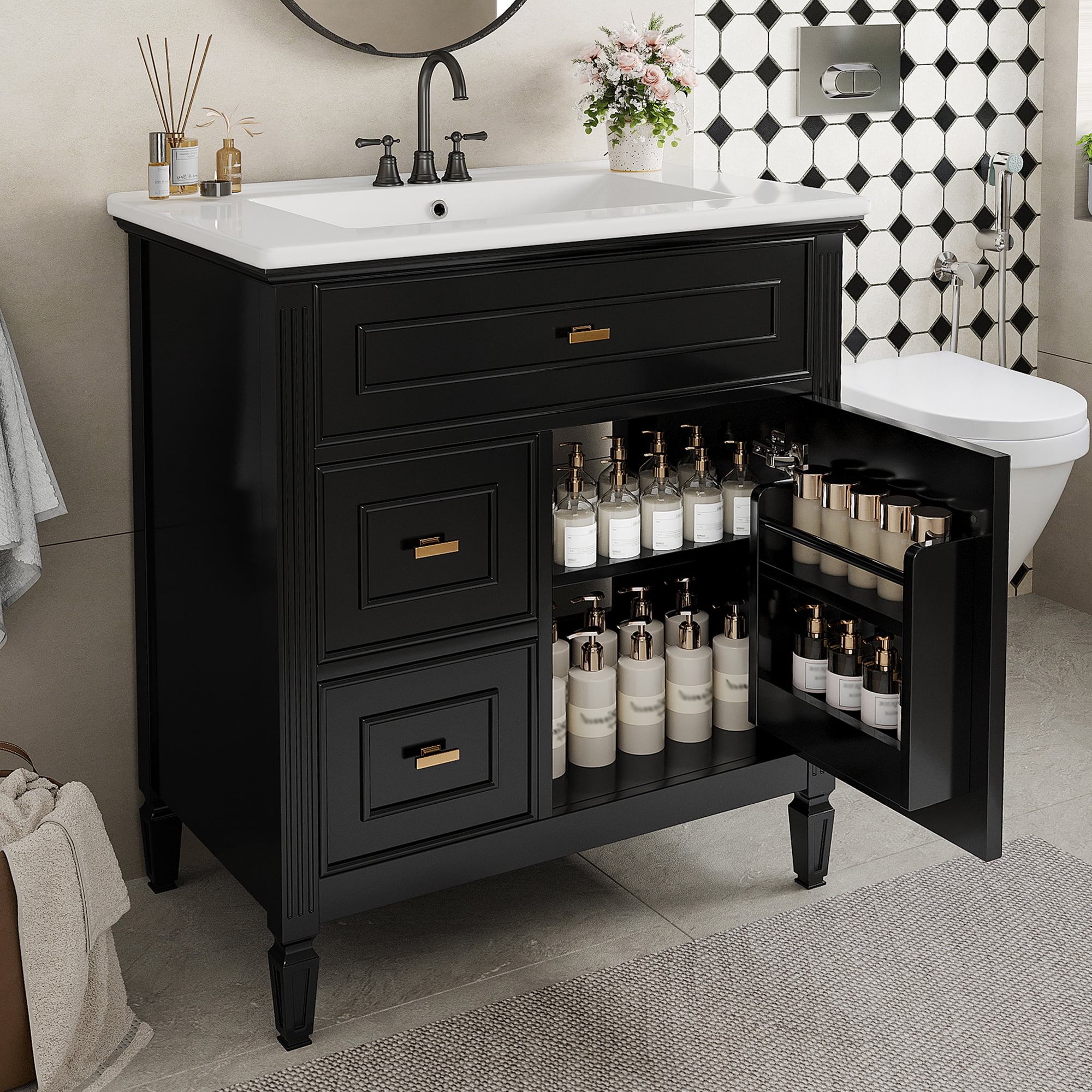 Euroco Bathroom Vanity with Ceramic Sink, Flip Drawer & Ample Storage, Solid Wood Frame with Soft-Close Drawers, 4" Widespread Faucet Compatible