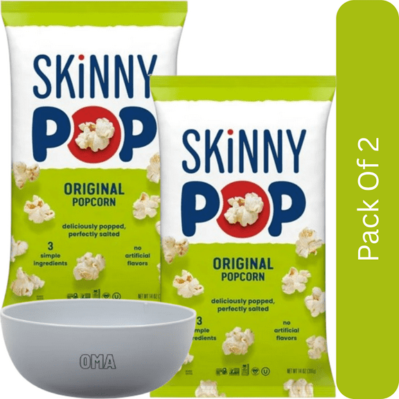 SkinnyPop Original Popcorn, 14 oz -2pk, With Olive White Bowl By OMA