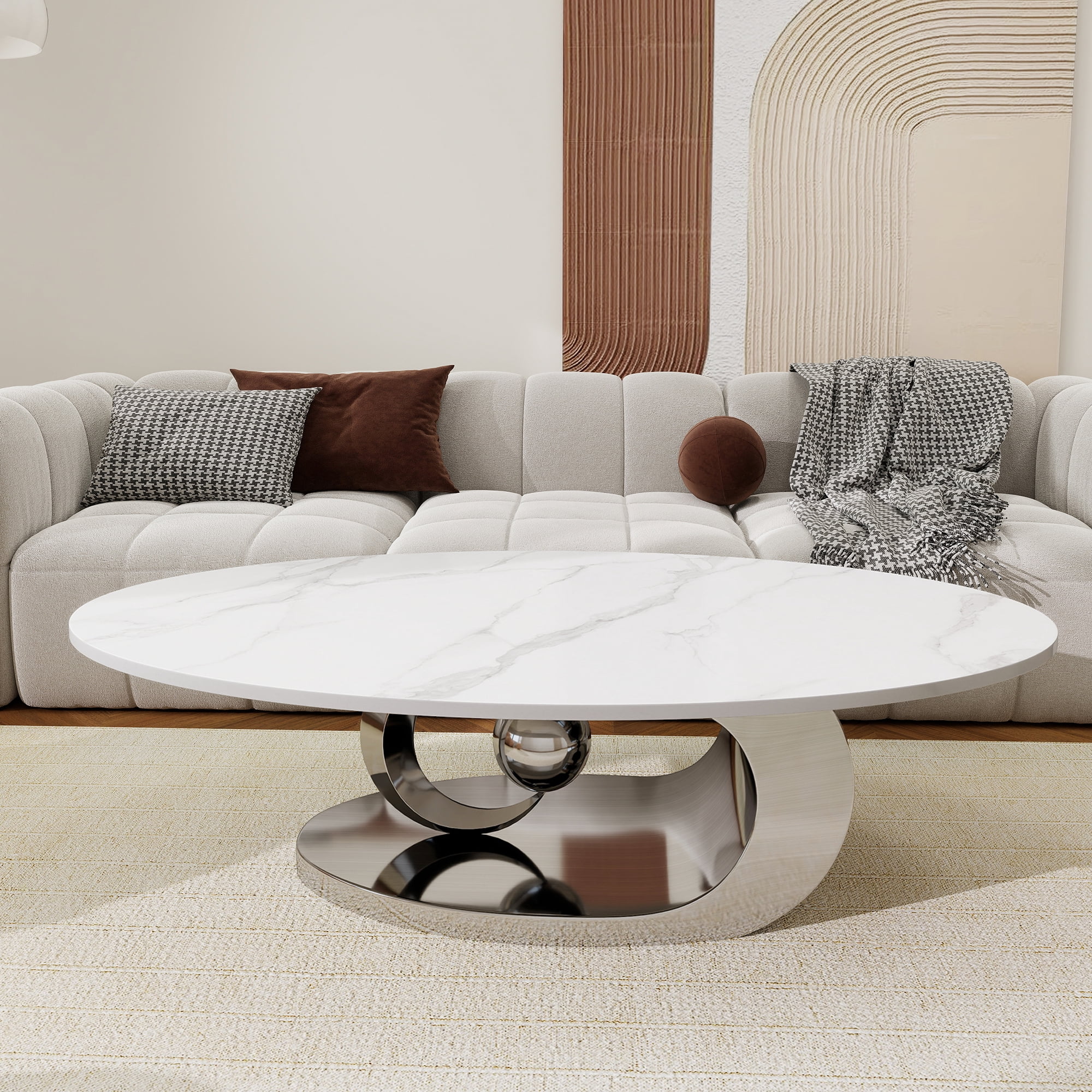 Oval Coffee Table Modern Minimalist Faux Marble Top with Sculptural Grey Stainless Steel Base Luxury SpaceSaving Design art deco coffee table 51.2"L x 27.6"W