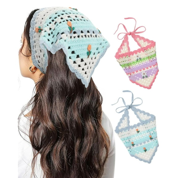 LinYooLi 2 PCS Crochet Hair Bandanas Floral Head Scarf Knit Bandana Headband Scarf Tie-Back Head Kerchief Daisy Hair Bandanas for Women Girls(Pink)