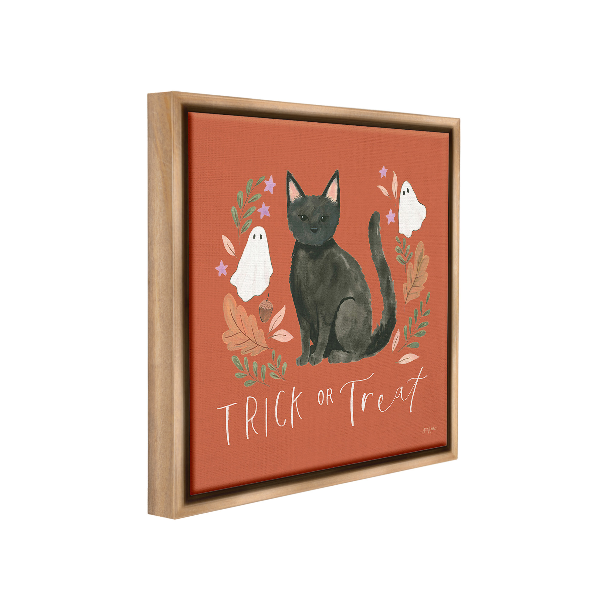 Stupell Industries Trick Or Treat Cat Holiday Painting Brown Floater Framed Canvas Art Print Wall Art, 18 x 18