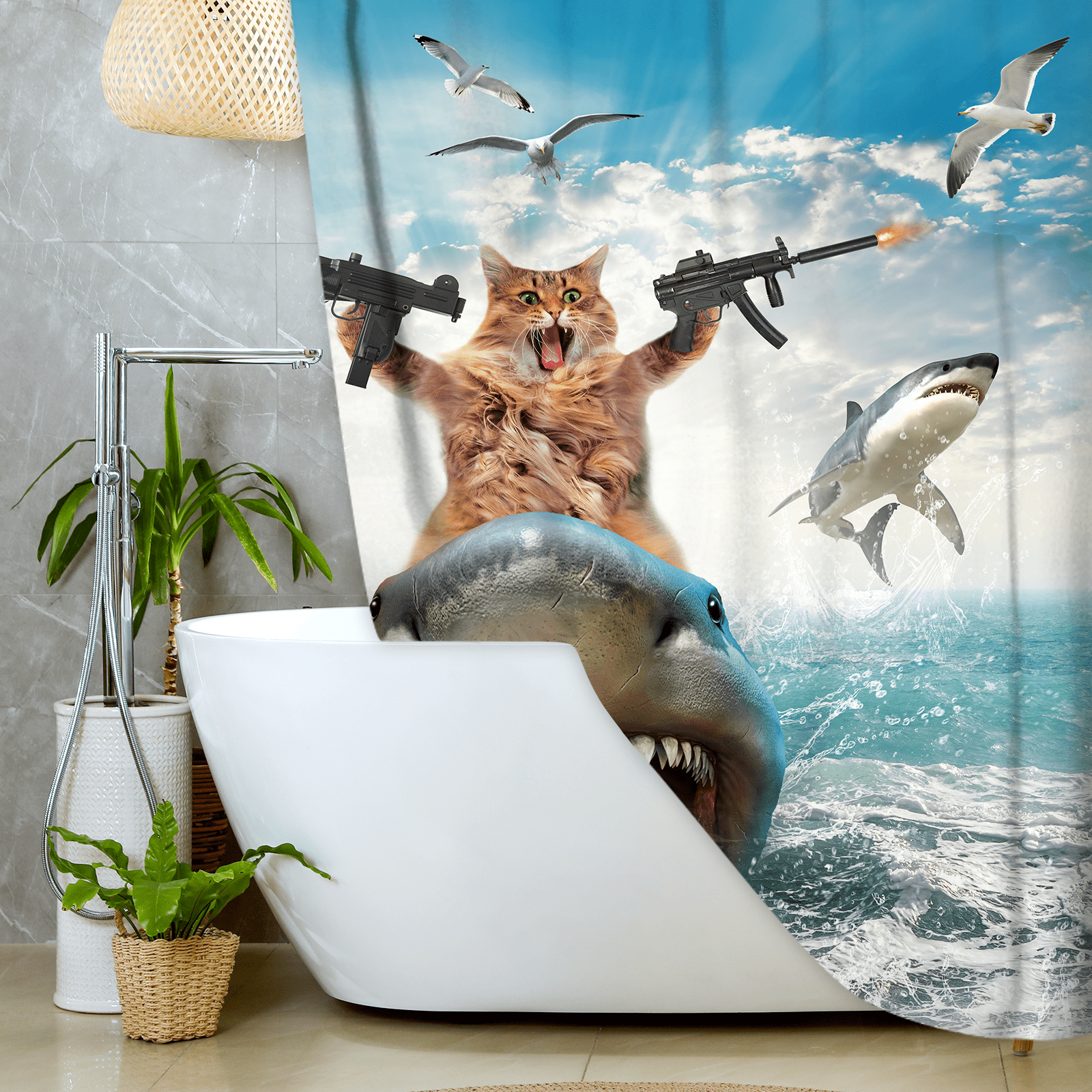 Funny Cat Shower Curtain for Bathroom, Cat Shower Curtains for Boys, Funky Cat Riding Shark Fighting on Blue Ocean Fabric Waterproof Shower Curtain Sets with Hooks,Navy Blue Beach Theme Curtains