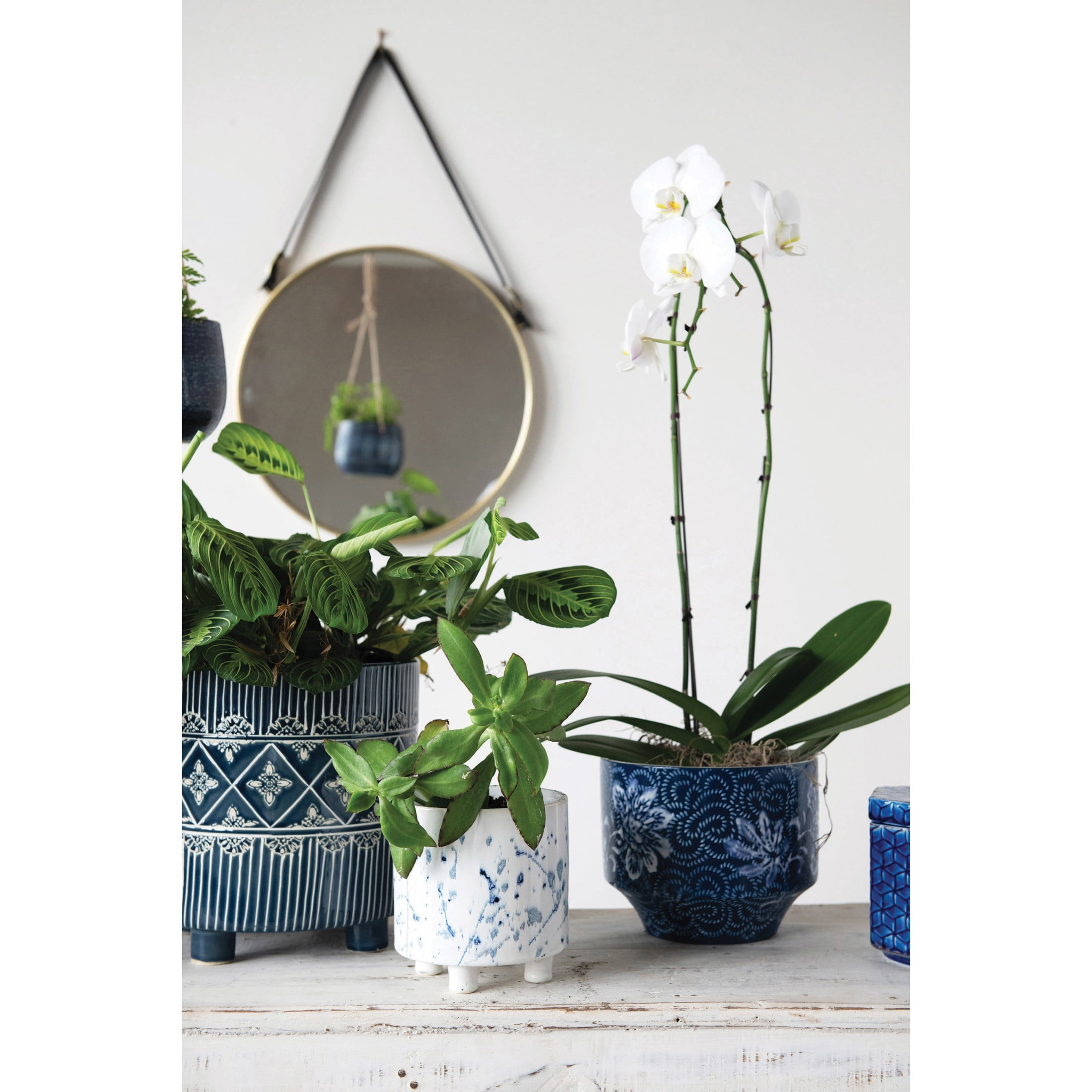 Creative Co-Op Stoneware Footed Planter with Splatter Design, White and Blue