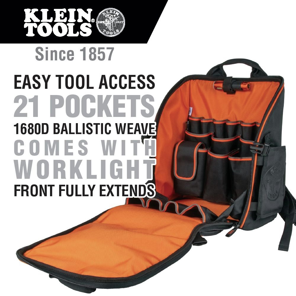 Klein Tools 55655 Tradesman Pro 21-Pocket Tool Station Tool Bag Backpack with Work Light - image 2 of 11