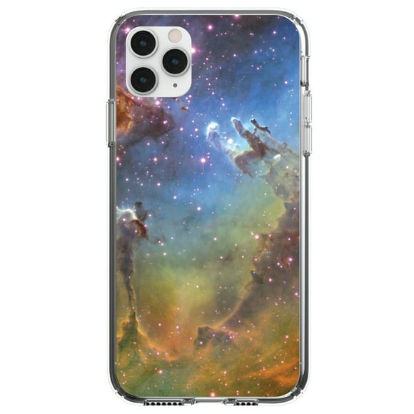 DistinctInk Clear Shockproof Hybrid Case for iPhone 13 (6.1" Screen) - TPU Bumper, Acrylic Back, Tempered Glass Screen Protector - Eagle Nebula Orange Blue - Show Your Love of Astronomy