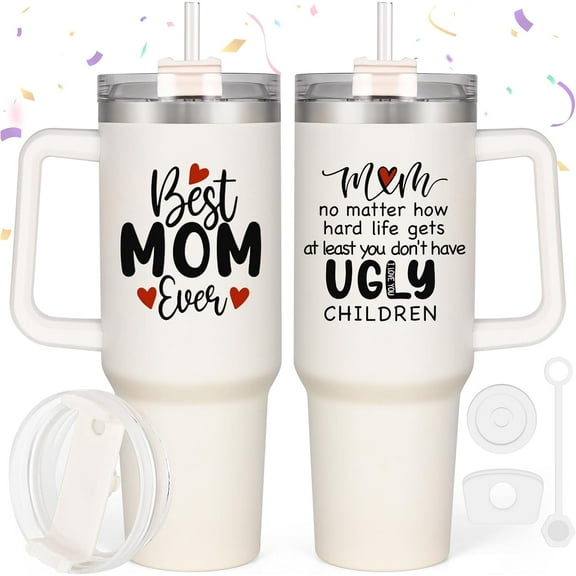 Mom Christmas Gifts, 40 Oz Best Mom Ever Tumbler Gifts for Mom, Funny Unique Popular Christmas Gifts for Mom Wife, Christmas Presents Gifts Ideas for Women(Cream)