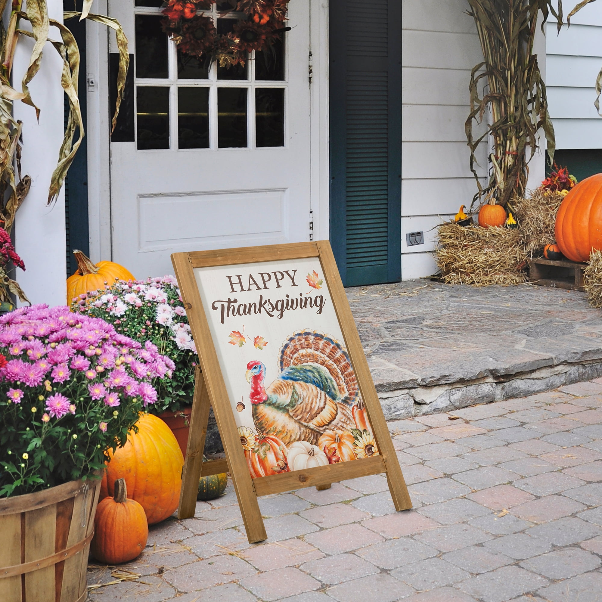 Glitzhome Thanksgiving Wooden Turkey Easel Porch Sign