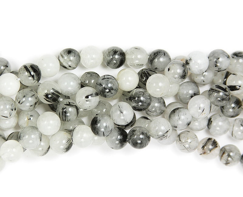 Natural Black Rutilated Quartz Round Beads Jewellery Making 15" Free Shipping 